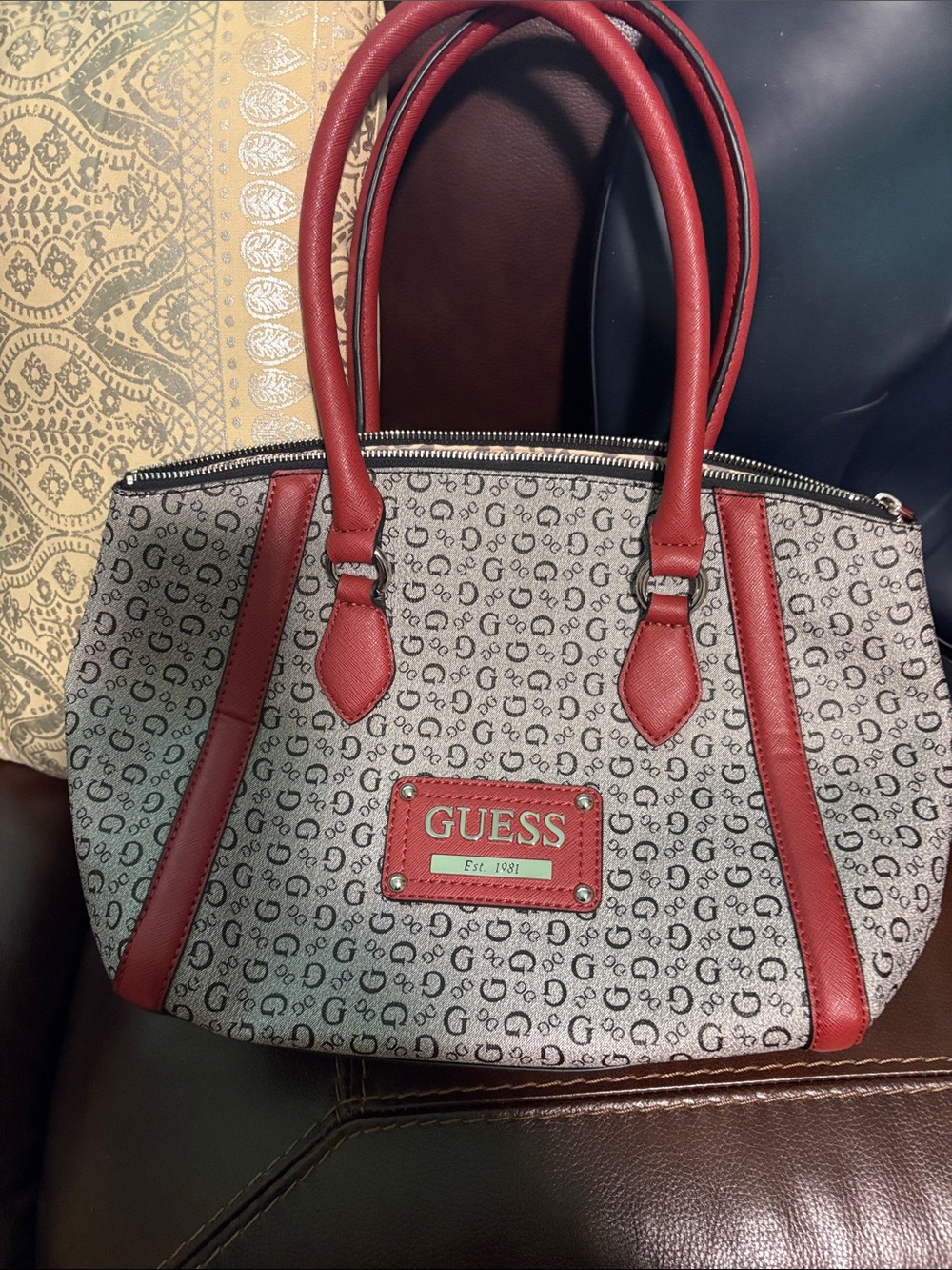 GUESS Beige Monogram Tote with Red Trim